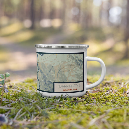 Right View Custom Darrington Washington Map Enamel Mug in Woodblock on Grass With Trees in Background
