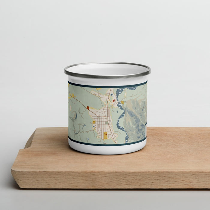 Front View Custom Darrington Washington Map Enamel Mug in Woodblock on Cutting Board