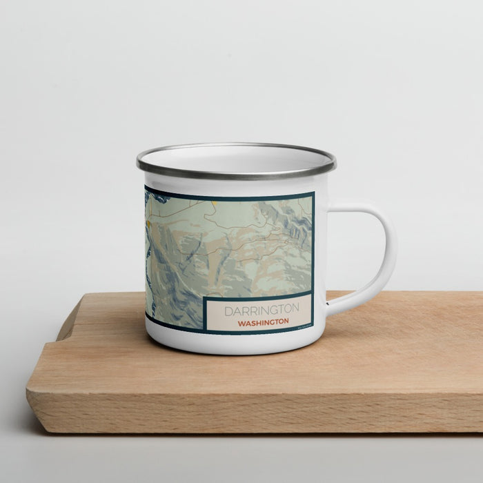 Right View Custom Darrington Washington Map Enamel Mug in Woodblock