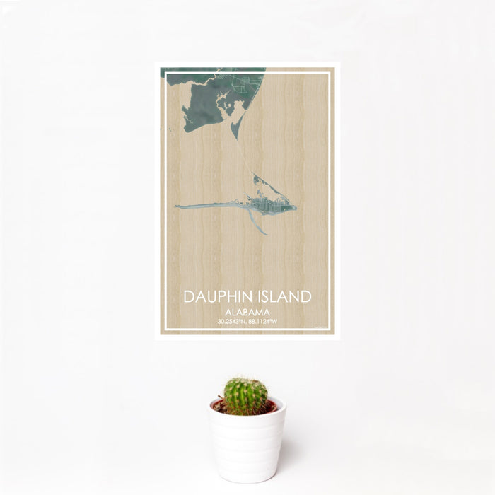 12x18 Dauphin Island Alabama Map Print Portrait Orientation in Afternoon Style With Small Cactus Plant in White Planter
