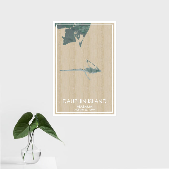 16x24 Dauphin Island Alabama Map Print Portrait Orientation in Afternoon Style With Tropical Plant Leaves in Water