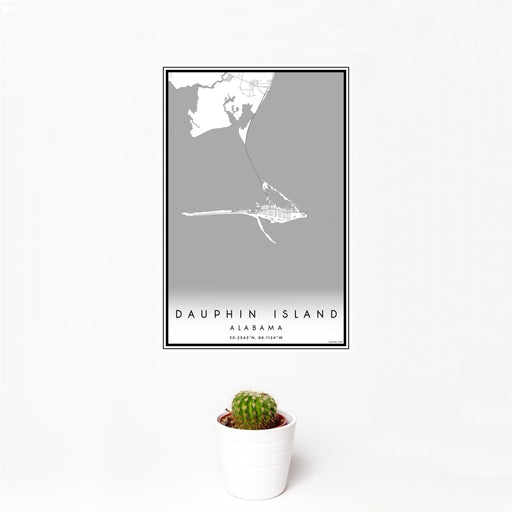 12x18 Dauphin Island Alabama Map Print Portrait Orientation in Classic Style With Small Cactus Plant in White Planter