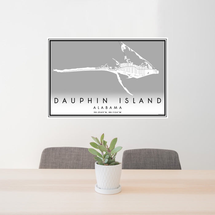 24x36 Dauphin Island Alabama Map Print Landscape Orientation in Classic Style Behind 2 Chairs Table and Potted Plant