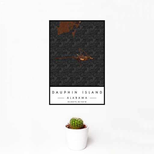 12x18 Dauphin Island Alabama Map Print Portrait Orientation in Ember Style With Small Cactus Plant in White Planter