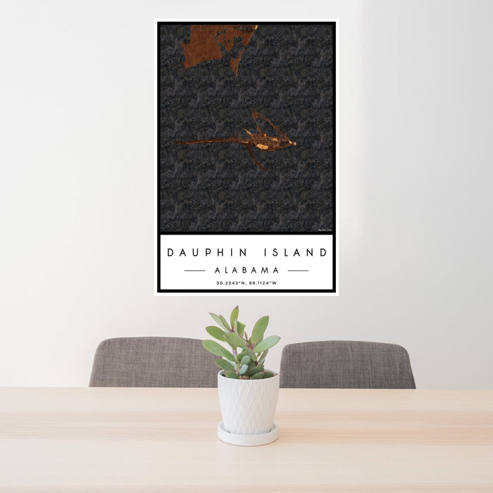 24x36 Dauphin Island Alabama Map Print Portrait Orientation in Ember Style Behind 2 Chairs Table and Potted Plant