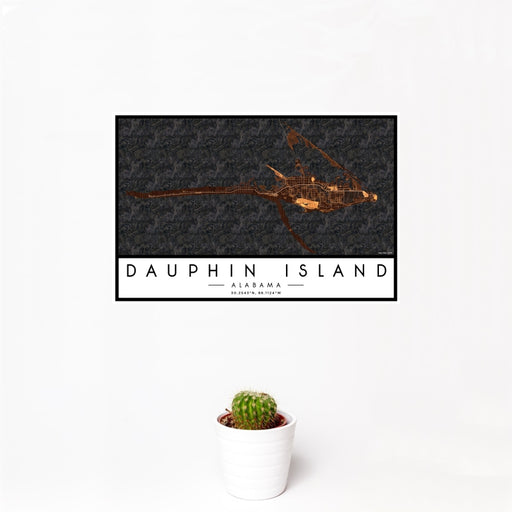 12x18 Dauphin Island Alabama Map Print Landscape Orientation in Ember Style With Small Cactus Plant in White Planter
