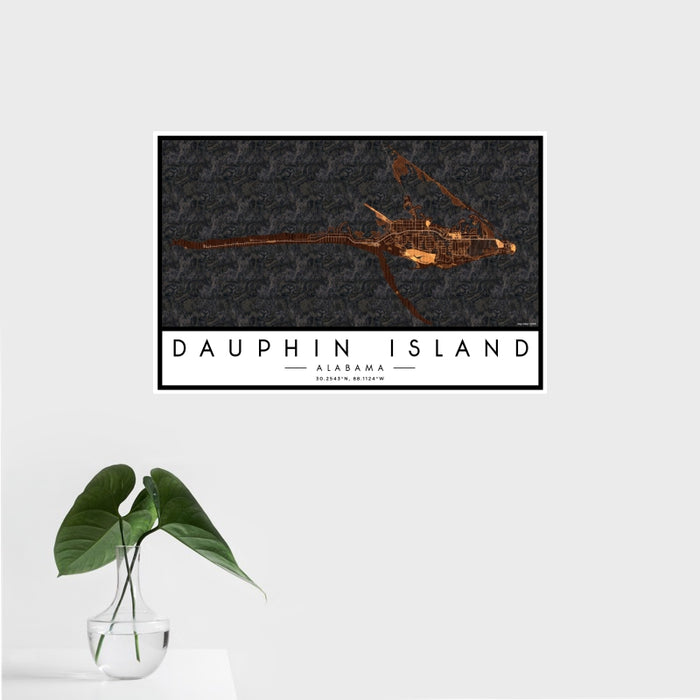 16x24 Dauphin Island Alabama Map Print Landscape Orientation in Ember Style With Tropical Plant Leaves in Water