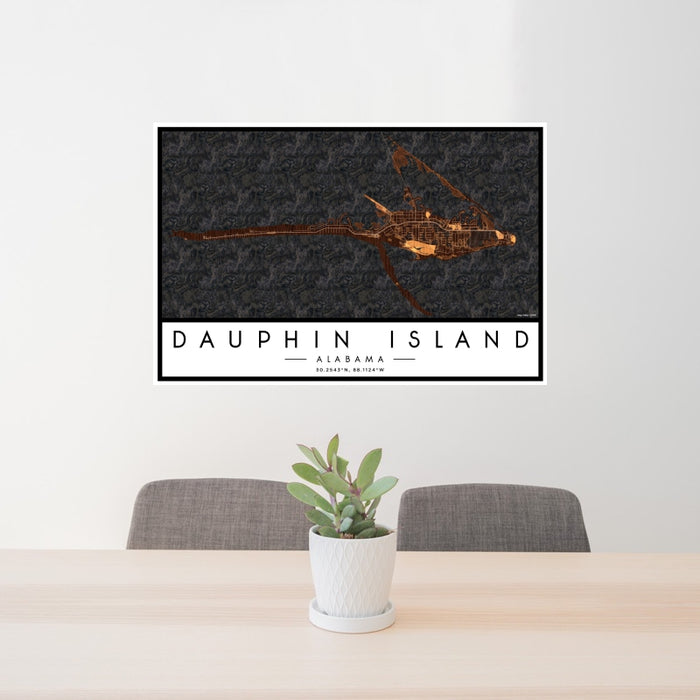 24x36 Dauphin Island Alabama Map Print Landscape Orientation in Ember Style Behind 2 Chairs Table and Potted Plant