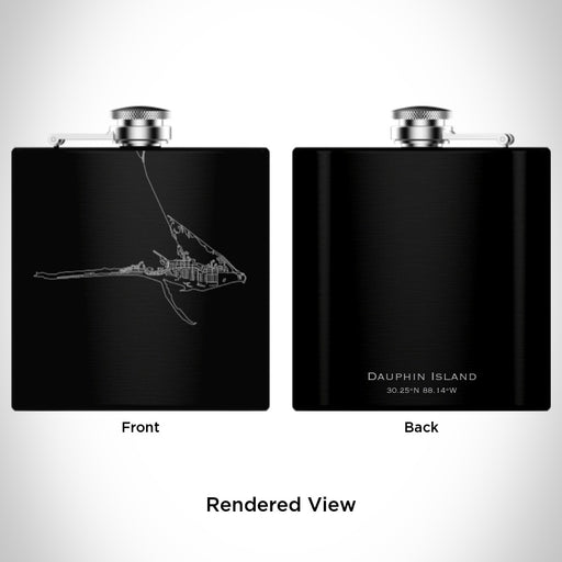 Rendered View of Dauphin Island Alabama Map Engraving on 6oz Stainless Steel Flask in Black