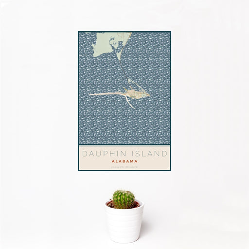 12x18 Dauphin Island Alabama Map Print Portrait Orientation in Woodblock Style With Small Cactus Plant in White Planter