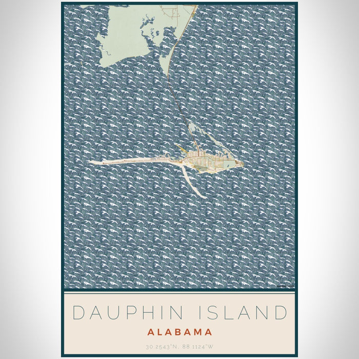 Dauphin Island Alabama Map Print Portrait Orientation in Woodblock Style With Shaded Background