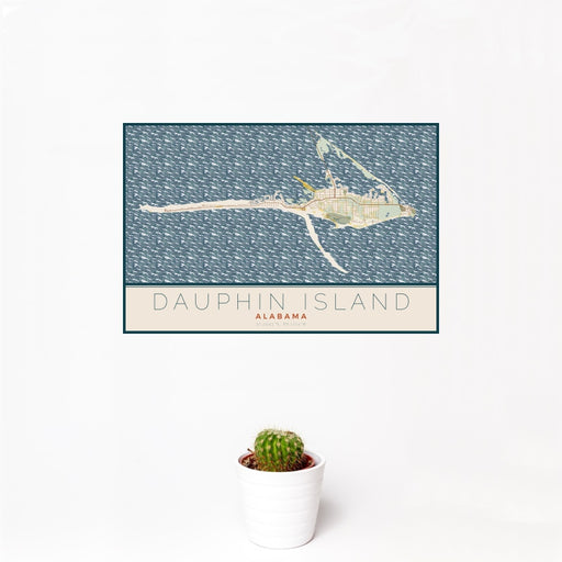 12x18 Dauphin Island Alabama Map Print Landscape Orientation in Woodblock Style With Small Cactus Plant in White Planter