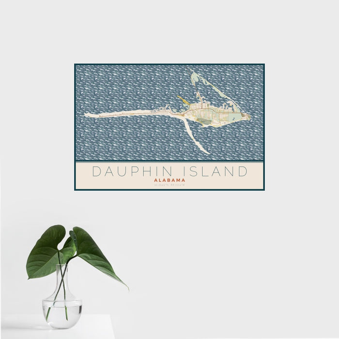 16x24 Dauphin Island Alabama Map Print Landscape Orientation in Woodblock Style With Tropical Plant Leaves in Water