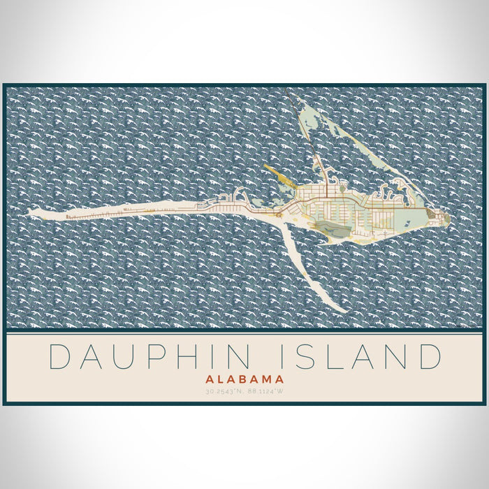 Dauphin Island Alabama Map Print Landscape Orientation in Woodblock Style With Shaded Background