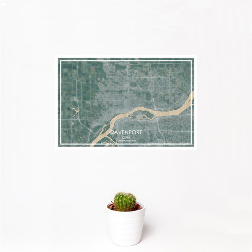 12x18 Davenport Iowa Map Print Landscape Orientation in Afternoon Style With Small Cactus Plant in White Planter