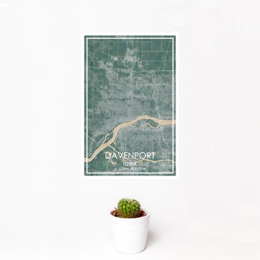 12x18 Davenport Iowa Map Print Portrait Orientation in Afternoon Style With Small Cactus Plant in White Planter