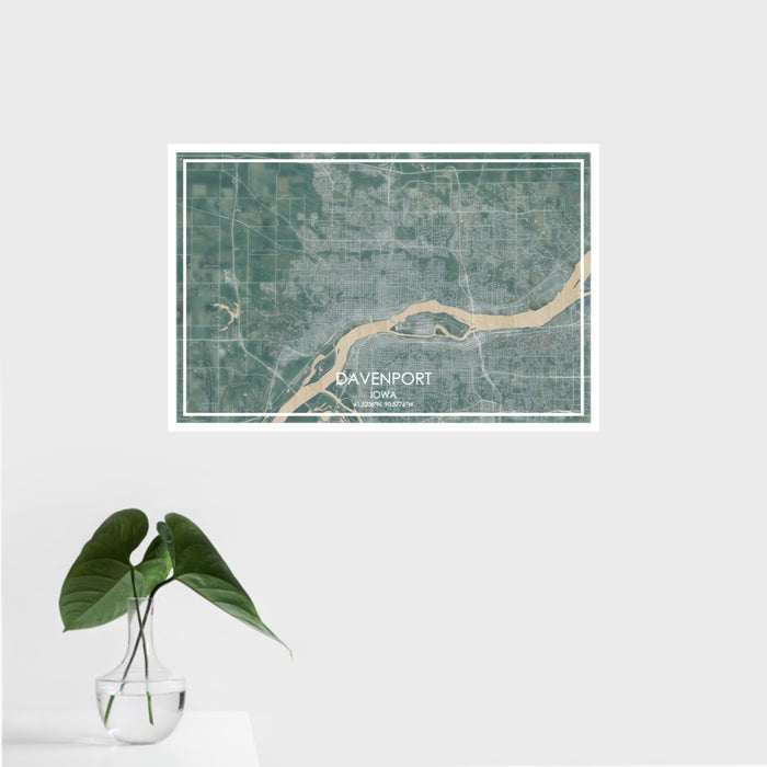 16x24 Davenport Iowa Map Print Landscape Orientation in Afternoon Style With Tropical Plant Leaves in Water