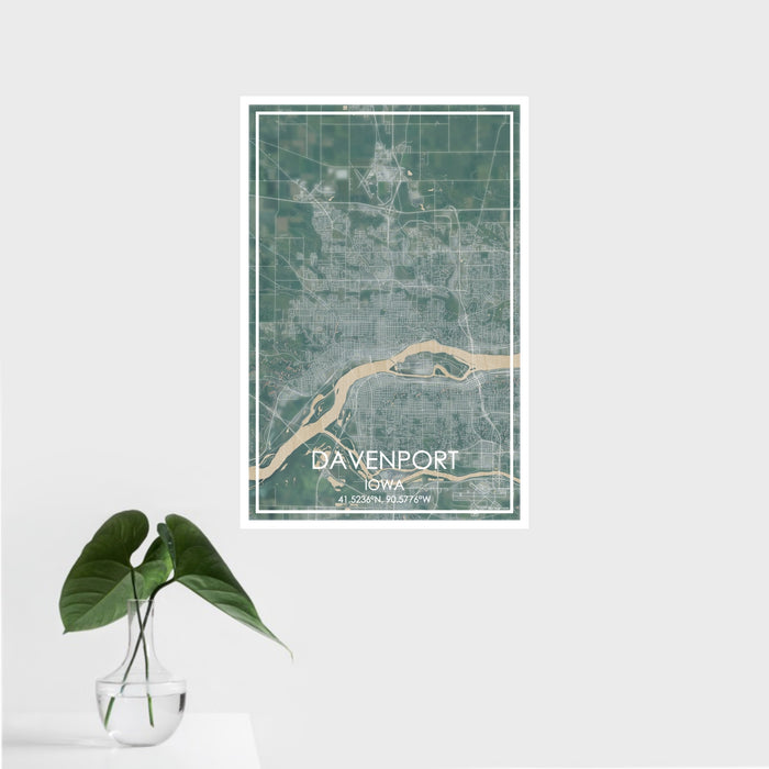 16x24 Davenport Iowa Map Print Portrait Orientation in Afternoon Style With Tropical Plant Leaves in Water
