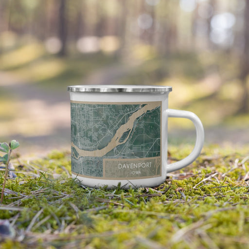Right View Custom Davenport Iowa Map Enamel Mug in Afternoon on Grass With Trees in Background