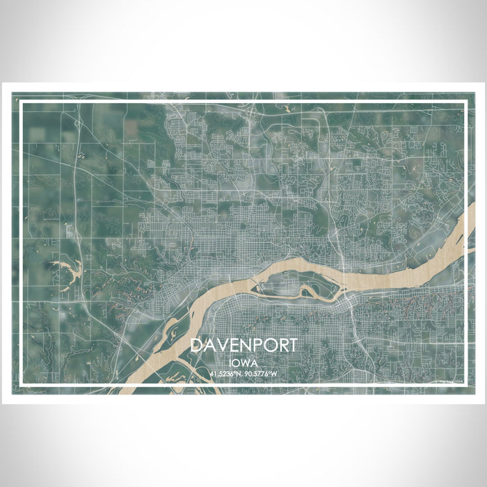 Davenport Iowa Map Print Landscape Orientation in Afternoon Style With Shaded Background
