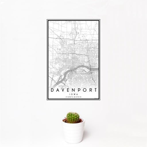 12x18 Davenport Iowa Map Print Portrait Orientation in Classic Style With Small Cactus Plant in White Planter