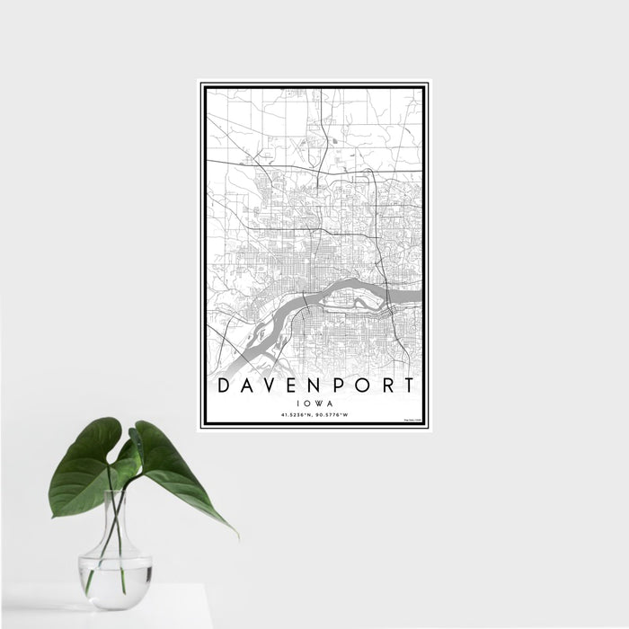 16x24 Davenport Iowa Map Print Portrait Orientation in Classic Style With Tropical Plant Leaves in Water
