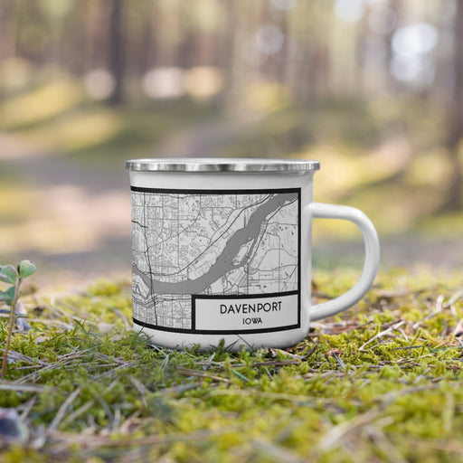 Right View Custom Davenport Iowa Map Enamel Mug in Classic on Grass With Trees in Background