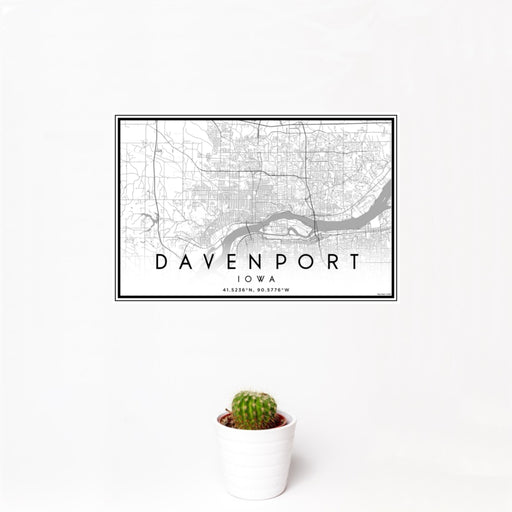 12x18 Davenport Iowa Map Print Landscape Orientation in Classic Style With Small Cactus Plant in White Planter