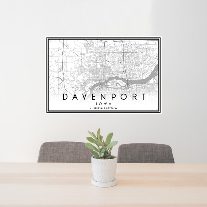 24x36 Davenport Iowa Map Print Landscape Orientation in Classic Style Behind 2 Chairs Table and Potted Plant