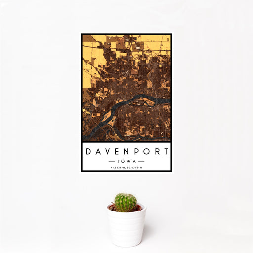 12x18 Davenport Iowa Map Print Portrait Orientation in Ember Style With Small Cactus Plant in White Planter