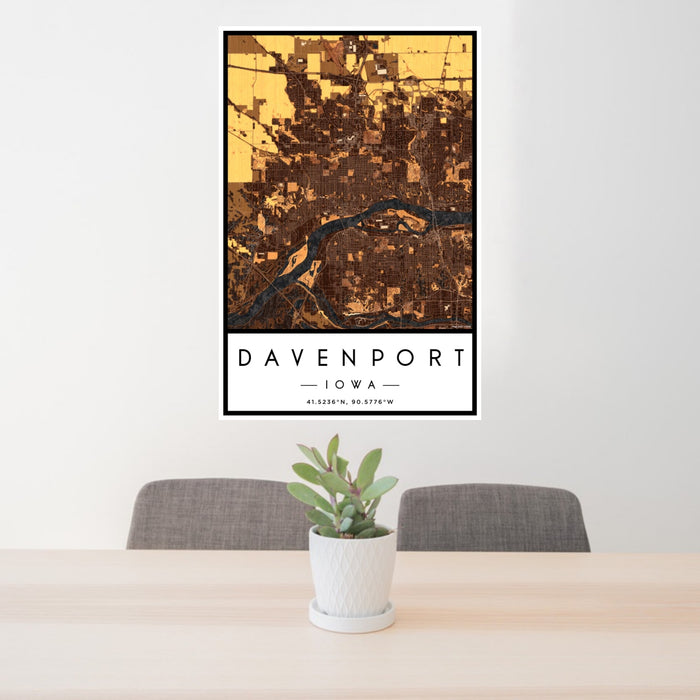 24x36 Davenport Iowa Map Print Portrait Orientation in Ember Style Behind 2 Chairs Table and Potted Plant