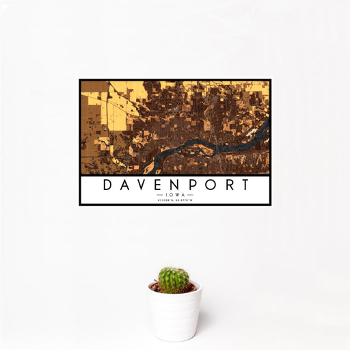 12x18 Davenport Iowa Map Print Landscape Orientation in Ember Style With Small Cactus Plant in White Planter