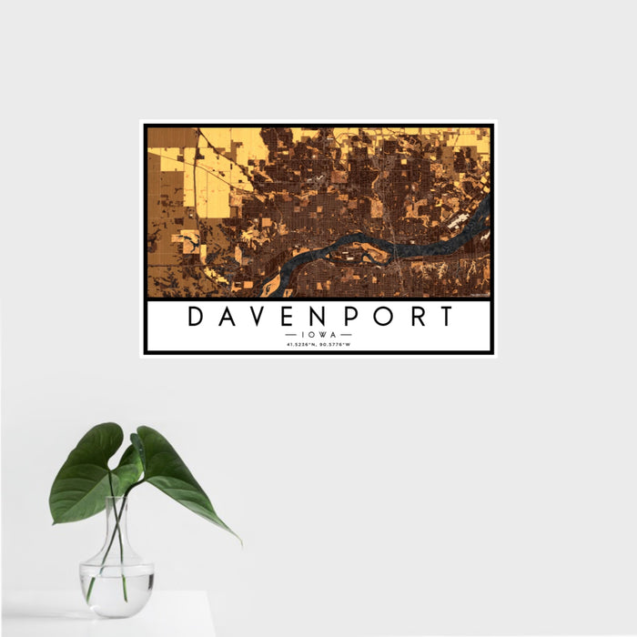 16x24 Davenport Iowa Map Print Landscape Orientation in Ember Style With Tropical Plant Leaves in Water