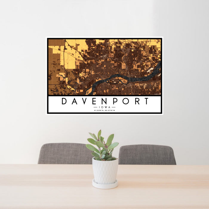 24x36 Davenport Iowa Map Print Landscape Orientation in Ember Style Behind 2 Chairs Table and Potted Plant