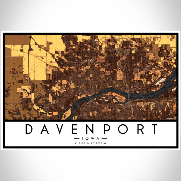 Davenport Iowa Map Print Landscape Orientation in Ember Style With Shaded Background