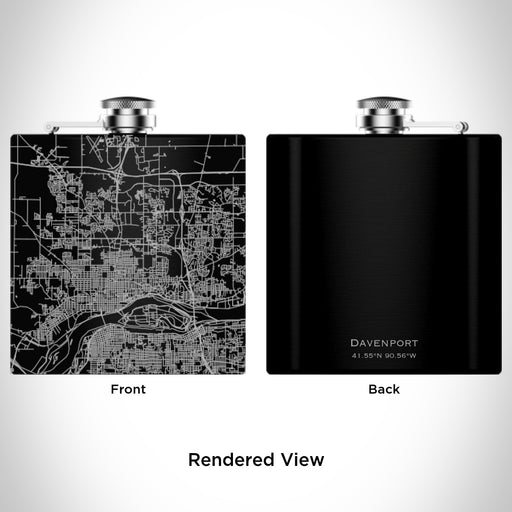 Rendered View of Davenport Iowa Map Engraving on 6oz Stainless Steel Flask in Black