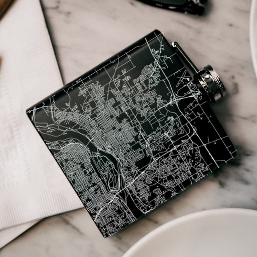 Davenport Iowa Custom Engraved City Map Inscription Coordinates on 6oz Stainless Steel Flask in Black