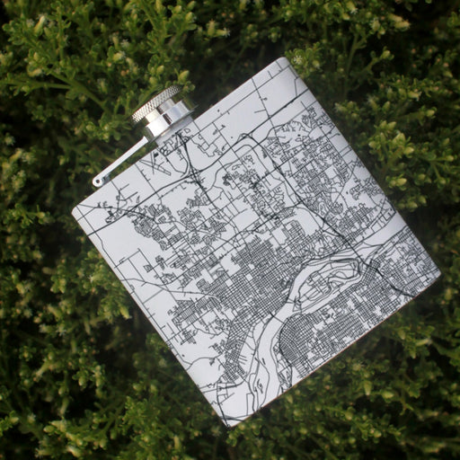 Davenport Iowa Custom Engraved City Map Inscription Coordinates on 6oz Stainless Steel Flask in White