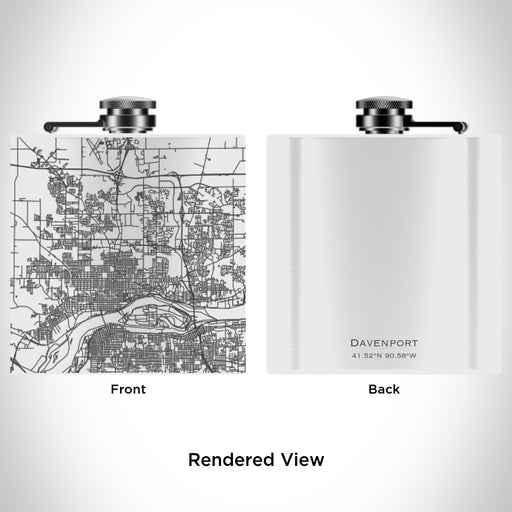 Rendered View of Davenport Iowa Map Engraving on 6oz Stainless Steel Flask in White
