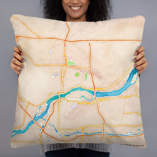 Person holding 22x22 Custom Davenport Iowa Map Throw Pillow in Watercolor