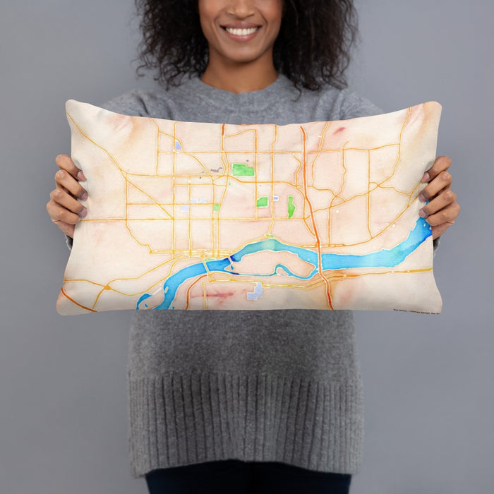 Person holding 20x12 Custom Davenport Iowa Map Throw Pillow in Watercolor