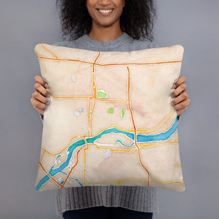 Person holding 18x18 Custom Davenport Iowa Map Throw Pillow in Watercolor