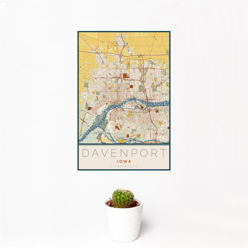 12x18 Davenport Iowa Map Print Portrait Orientation in Woodblock Style With Small Cactus Plant in White Planter