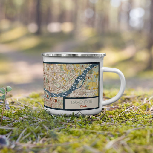 Right View Custom Davenport Iowa Map Enamel Mug in Woodblock on Grass With Trees in Background