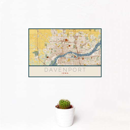 12x18 Davenport Iowa Map Print Landscape Orientation in Woodblock Style With Small Cactus Plant in White Planter