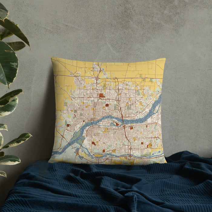 Custom Davenport Iowa Map Throw Pillow in Woodblock on Bedding Against Wall