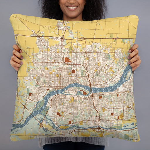 Person holding 22x22 Custom Davenport Iowa Map Throw Pillow in Woodblock