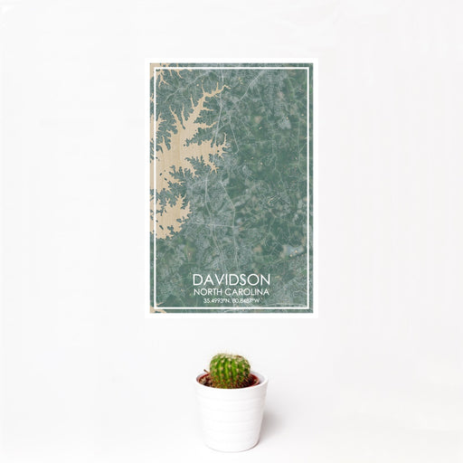 12x18 Davidson North Carolina Map Print Portrait Orientation in Afternoon Style With Small Cactus Plant in White Planter