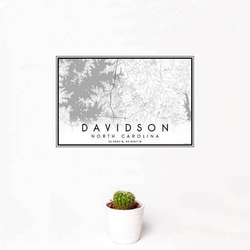 12x18 Davidson North Carolina Map Print Landscape Orientation in Classic Style With Small Cactus Plant in White Planter