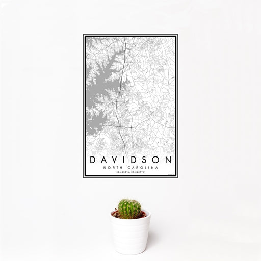 12x18 Davidson North Carolina Map Print Portrait Orientation in Classic Style With Small Cactus Plant in White Planter